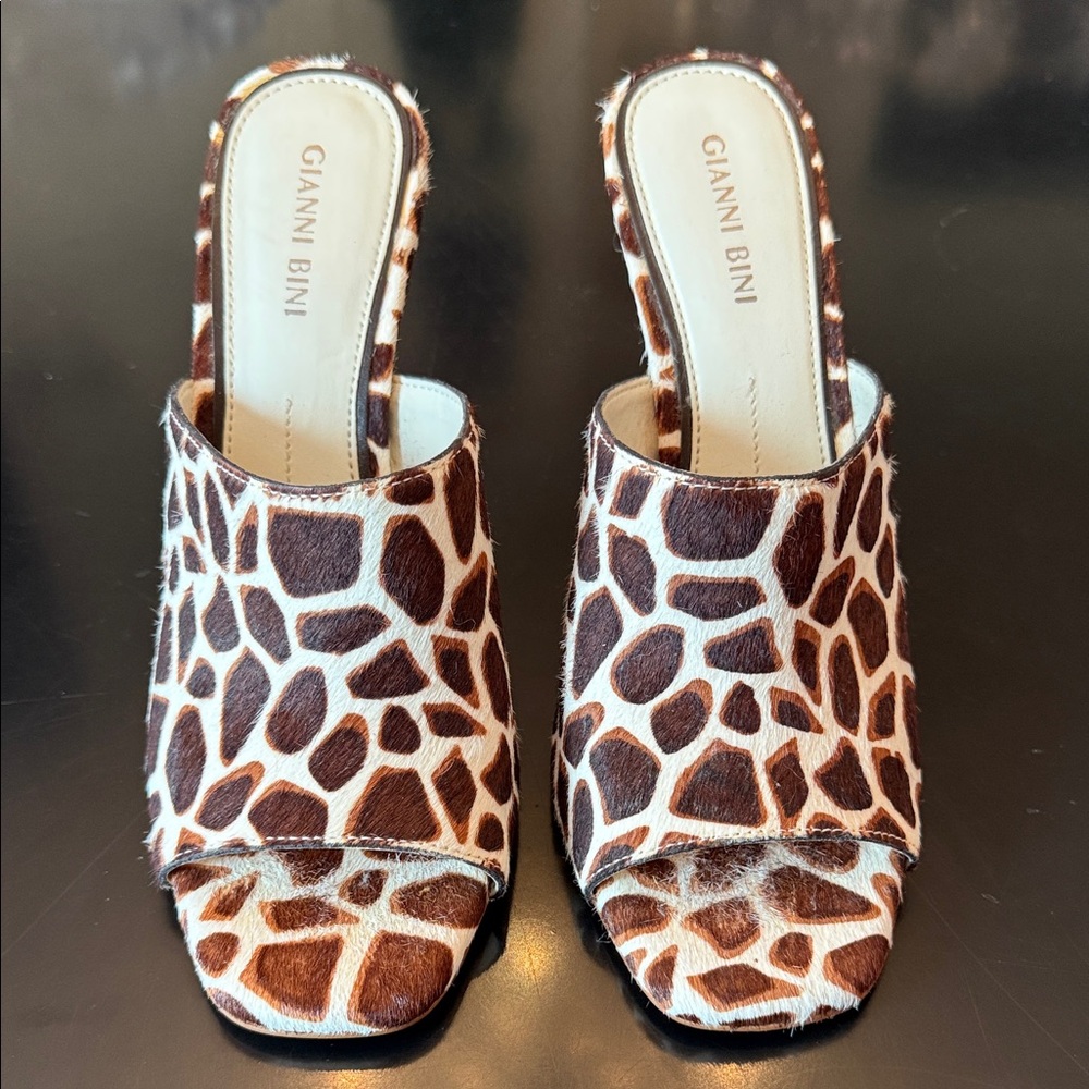 Gianni Bini Brown and Cream Giraffe-Print Open-Toe Mules